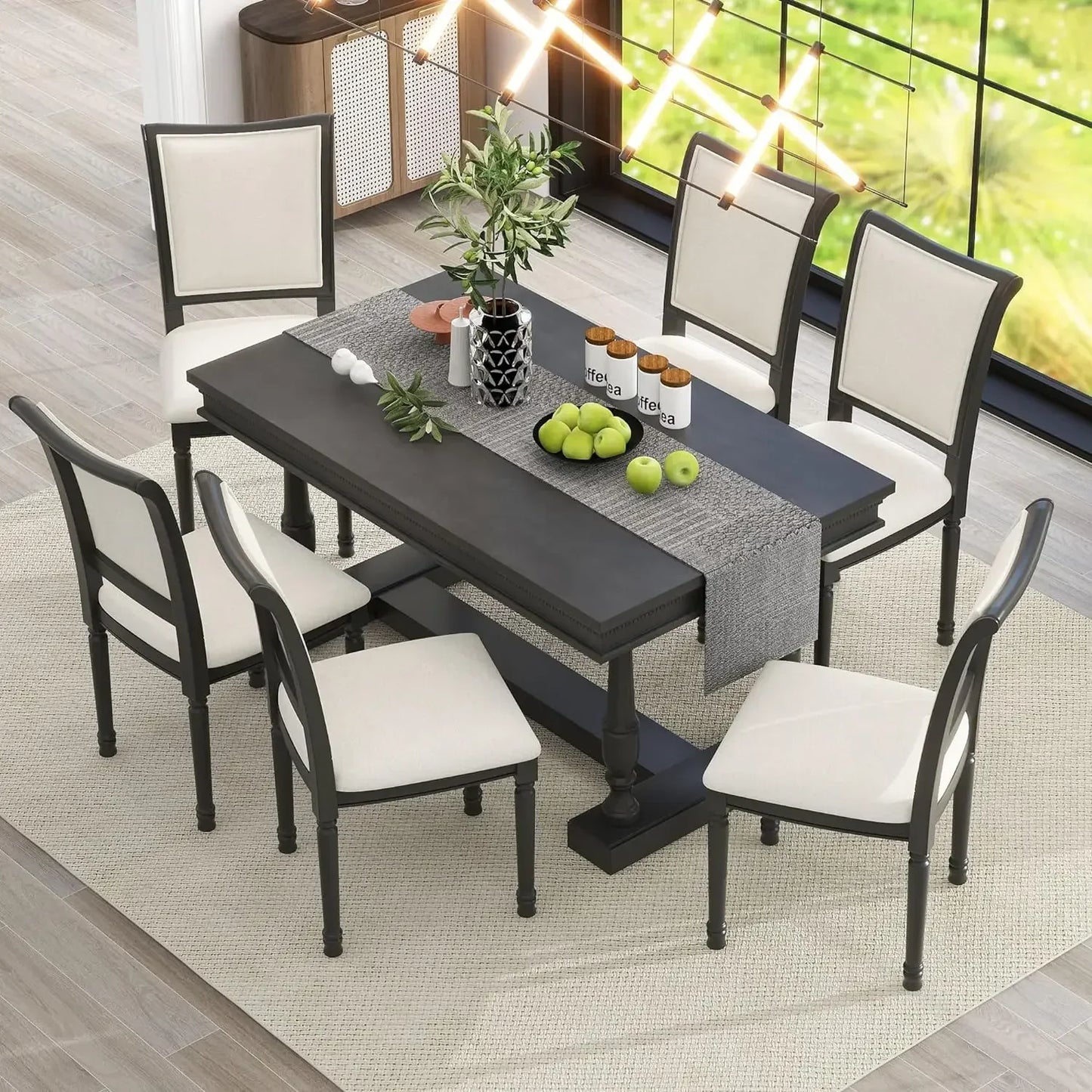 7-Piece Kitchen Dining Table Set for 6, Wood Kitchen Table and 6 Upholstered Chairs with Backrest