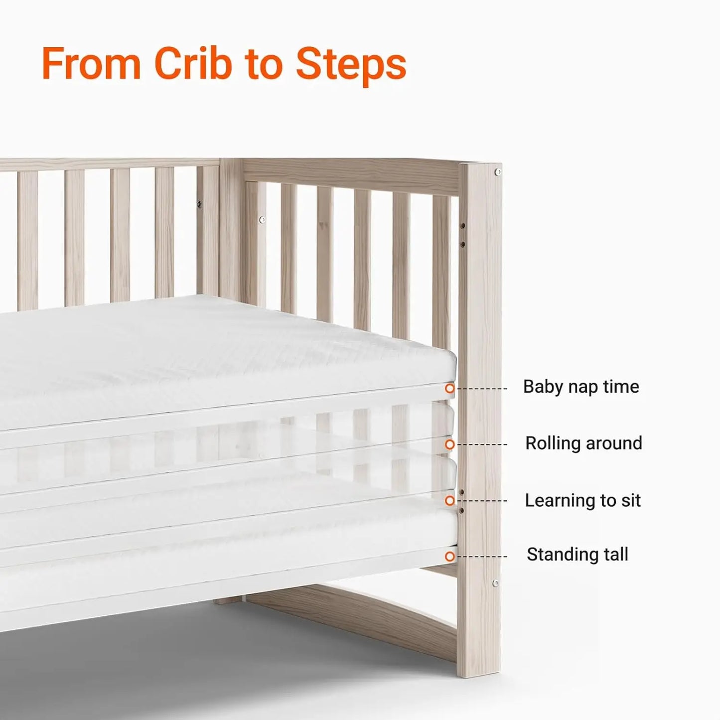 11-in-1 Convertible Baby Crib With Removable Wheels, Washed Natural, 4 Mattress Heights, Pinewood