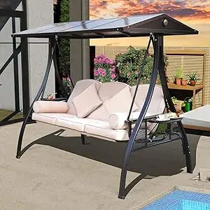 Outdoor Porch Swing with Polycarbonate Hardtop, 3 Seat Patio Swing with Convertible Backrest, 2 Side Cup Holder, Thickened Cush