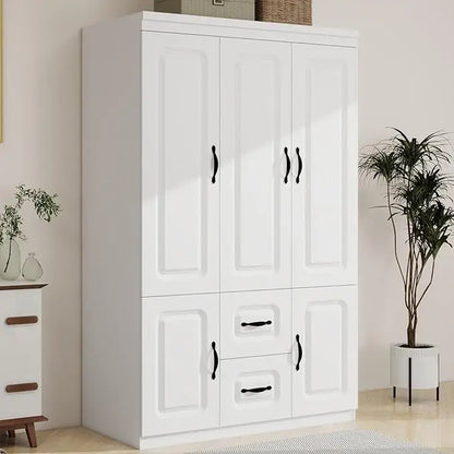 71" H Armoire Wardrobe, 3-Drawer & Shelved Bedroom Armoire with 4 Doors, Mirror & Hanging Rod.