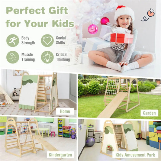 6-in-1 Wooden Jungle Gym Playset- Outdoor Climbing, Swinging & Sliding Fun