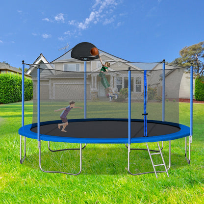 14FT Trampoline With Backboard, Outdoor Pumpkin Trampoline With Enclosure Net And Ladder For Kids Teens & Grown-ups