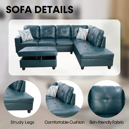 Sectional Couch for Living Room Furniture Set, and Chaise with Storage Ottoman and 3 Pillows