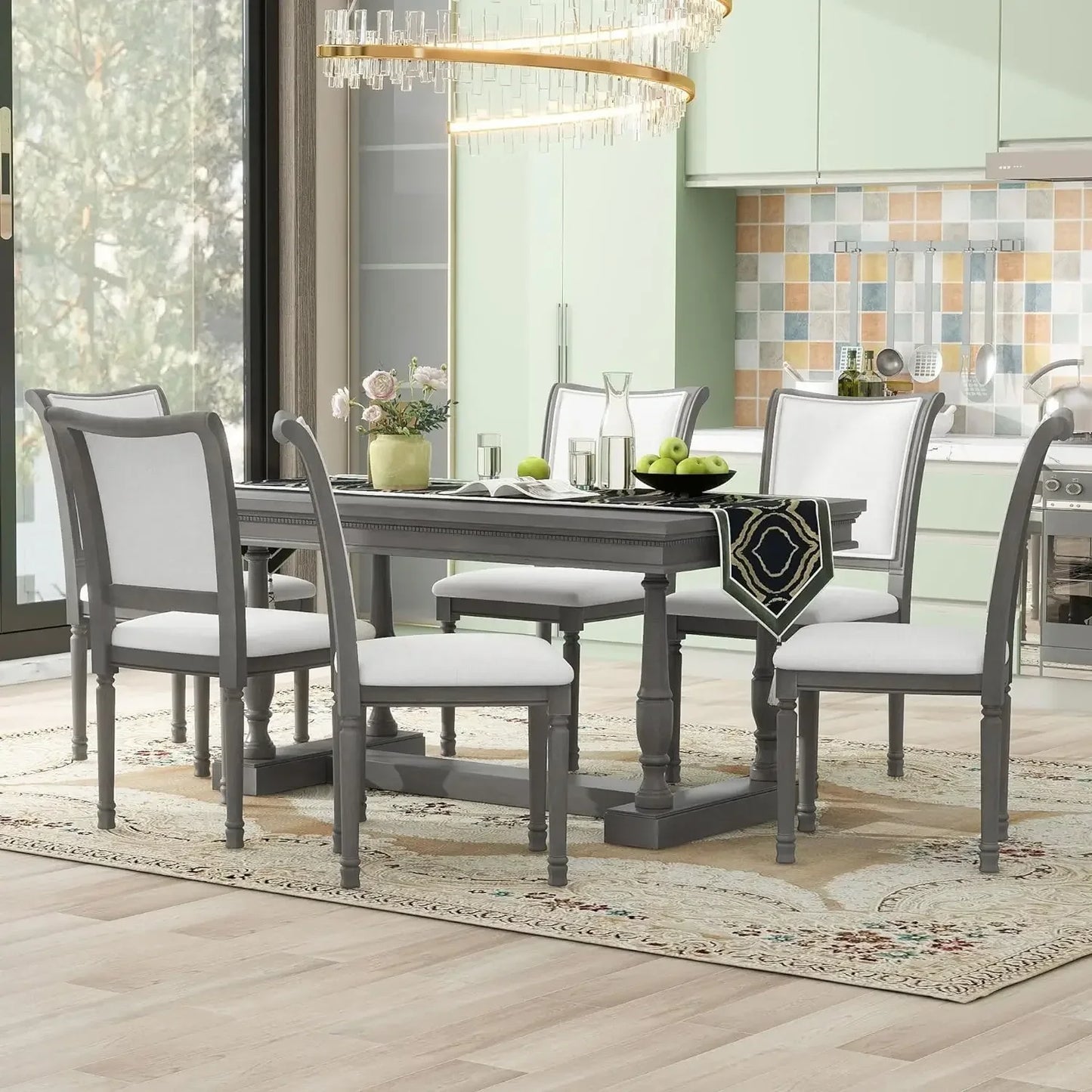 7-Piece Kitchen Dining Table Set for 6, Wood Kitchen Table and 6 Upholstered Chairs with Backrest