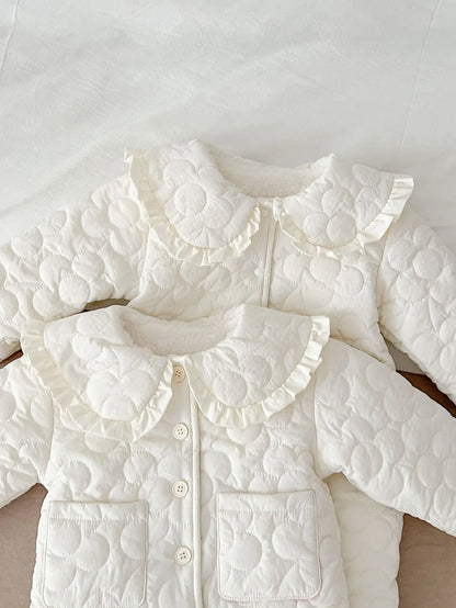 Winter New Baby Girl Warm Coat Cotton Infant Large Lapel Floral Padded Jacket Plus Velvet Thick Kids Cardigan