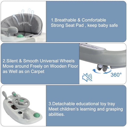 Push Walker with Detachable Feeding and Music Trays, Foldable Learning Toys, 2 In 1 Walker