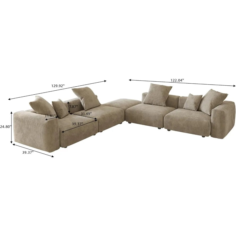Oversized Modular Sectional Sofa with Ottomans, 5 Seater Corduroy V Shaped Reversible Corner Couch