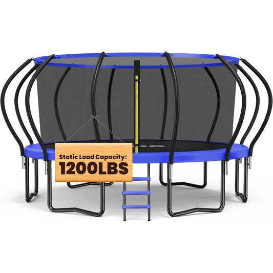 1200LBS Weight Capacity Trampoline 8FT-16FT with Basketball Hoop Water Sprinkler Spiral Ground Stakes Outdoor