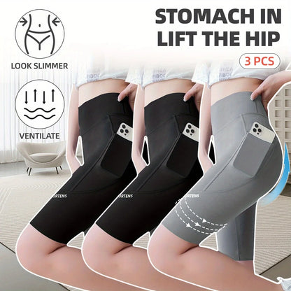 3PC Set Sports Wear Pockets High Waist Lady Yoga Pants Athletic