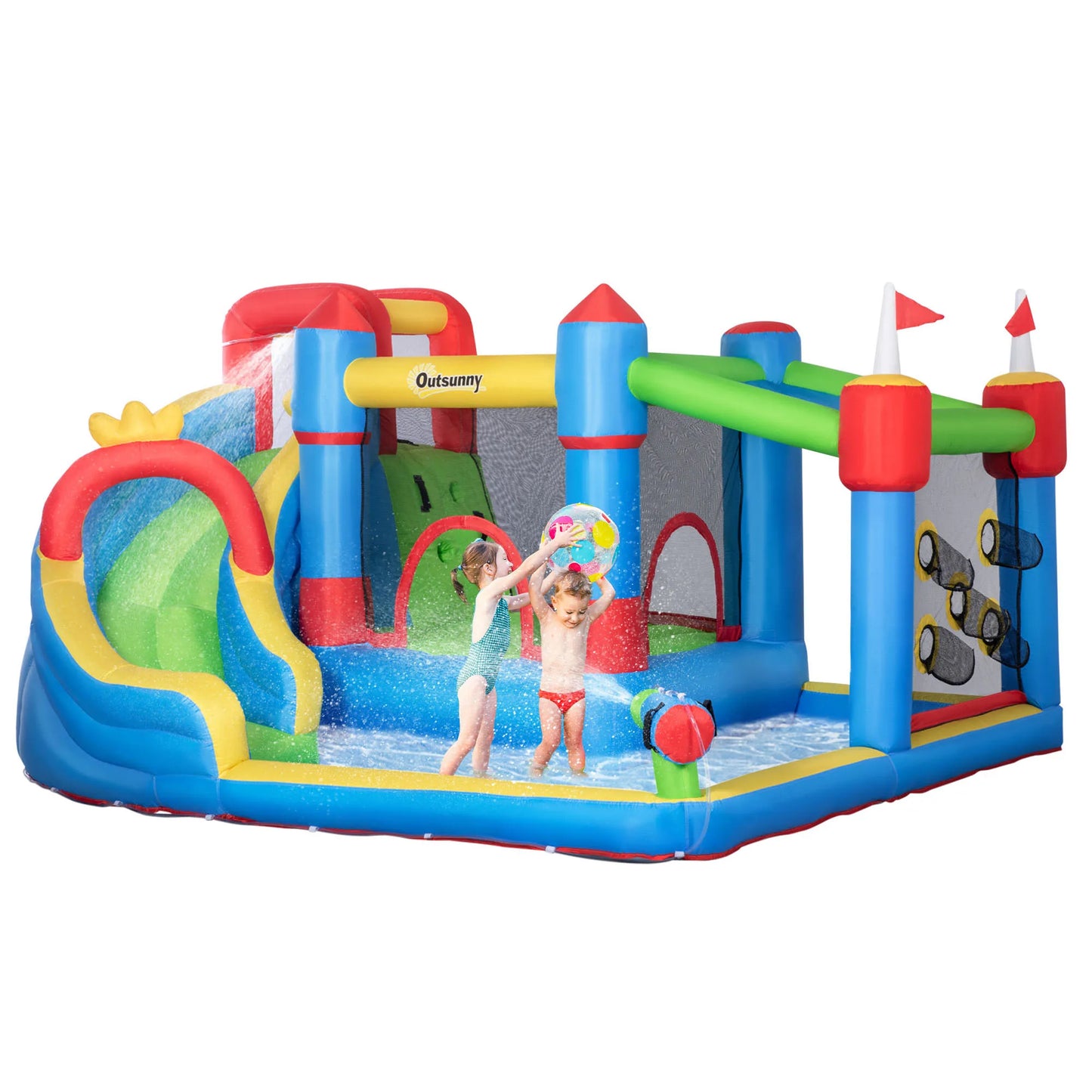 6-in-1 Inflatable Bounce House Outdoors, Inflatable Water Slide for Kids