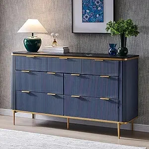 Fluted 7 Drawers Dresser for Bedroom, 54" Wide Modern Dresser TV Stand, Gold Accents, Fluted Fronts, Wood Storage Dressers