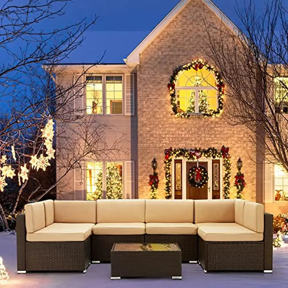 Outdoor Patio Furniture Set 7 Piece Wicker Sofa Sectional Set with Cushions & Tea Table brown