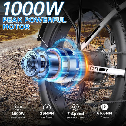 Electric Bike, 1000W Peak E bike, , 26" Fat Tire Electric Bicycle with 48V 13AH Battery, 7 Speed