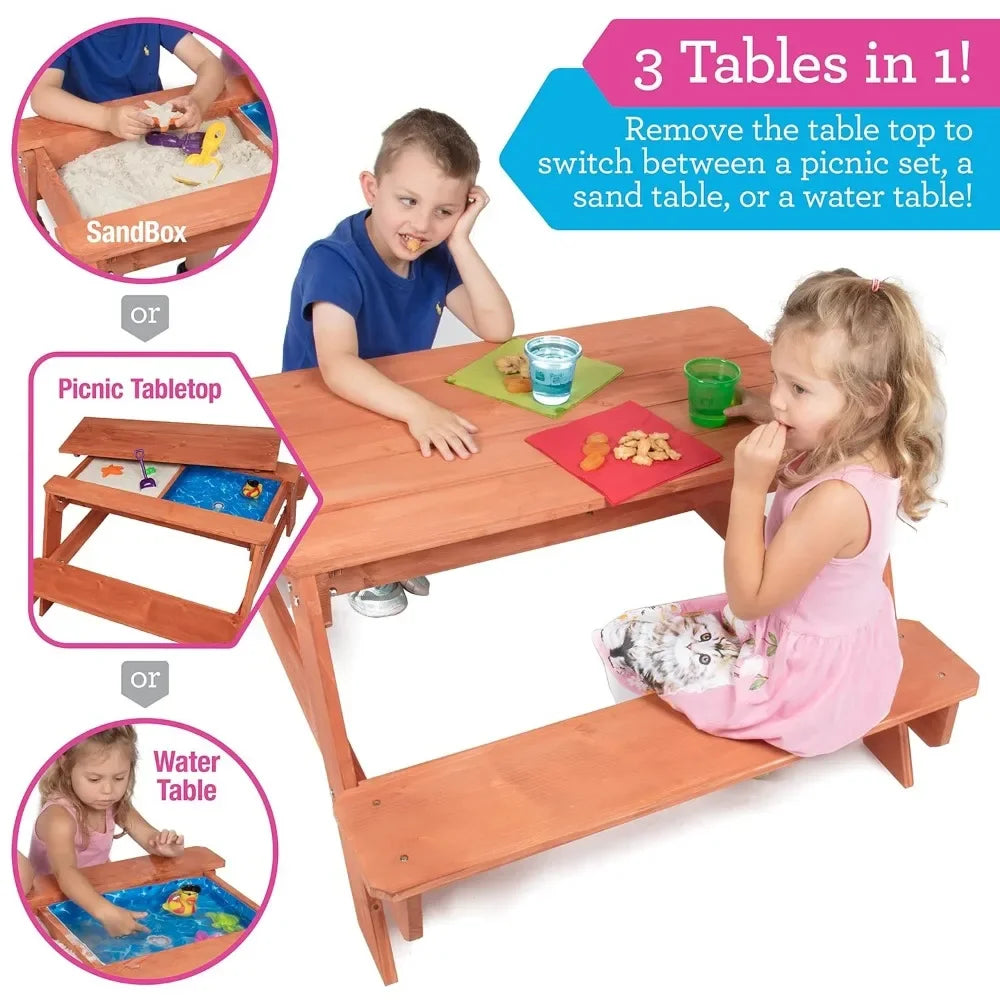 Picnic Table for Kids, 3 in 1 Sand & Water Activity Set w Removable Top & Dual Drains Sandbox.