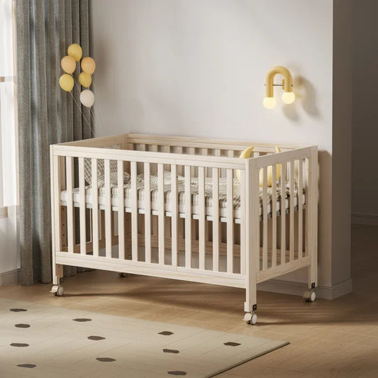 11-in-1 Convertible Baby Crib With Removable Wheels, Washed Natural, 4 Mattress Heights, Pinewood
