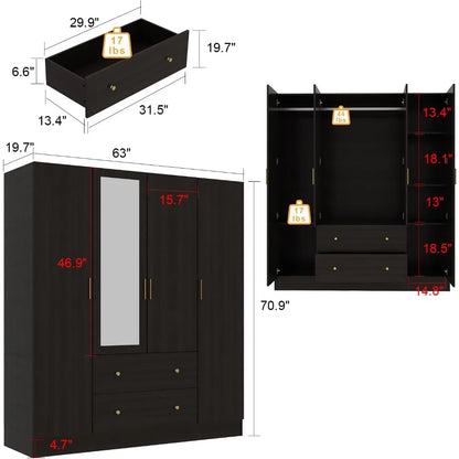 Wooden wardrobe with mirror, 5 shelves, 2 drawers, 2 hangers, and 4 doors,  and storage cabinet in bedroom