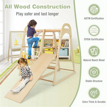 6-in-1 Wooden Jungle Gym Playset- Outdoor Climbing, Swinging & Sliding Fun