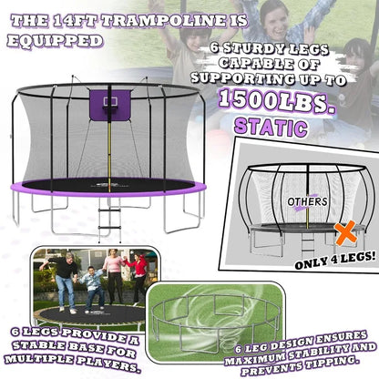 Trampoline 8FT-14FT Trampoline with Basketball Hoop and LED Lights Outdoor fun for whole family
