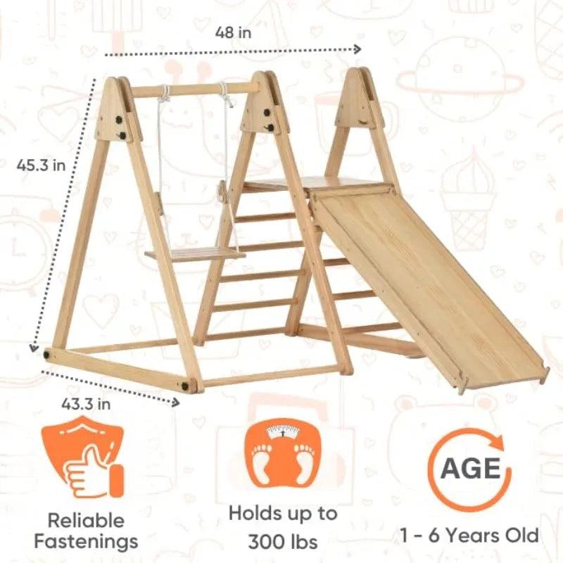 4-in-1 Indoor Play Gym - Jungle Gym Playset with Baby Swing, Ladder,  Climbing Wall - Foldable Wooden Playset