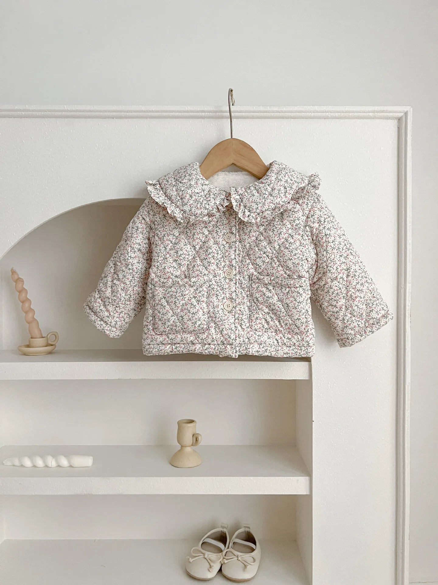 Winter New Baby Girl Warm Coat Cotton Infant Large Lapel Floral Padded Jacket Plus Velvet Thick Kids Cardigan