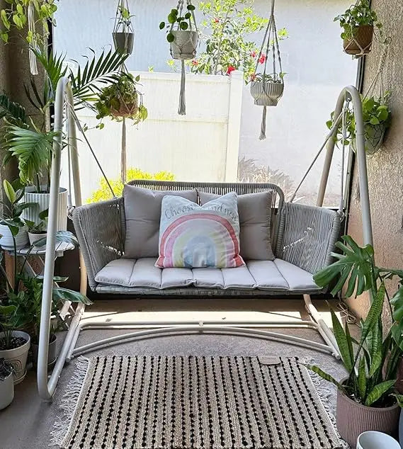 2-Seat Cloud Swing Chair with Stand, Patio Wicker Bench Glider Loveseat Hanging Swing