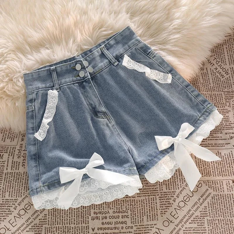 Blue High Waist Denim Shorts with lace for Women