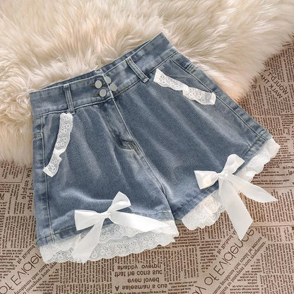 Blue High Waist Denim Shorts with lace for Women