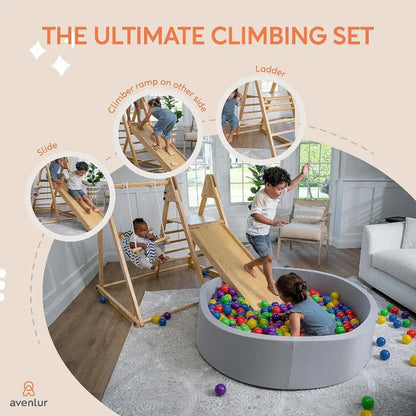 4-in-1 Indoor Play Gym - Jungle Gym Playset with Baby Swing, Ladder,  Climbing Wall - Foldable Wooden Playset