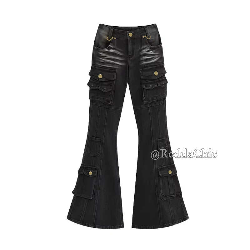 Black Low Waist Cargo Jeans Multi-pocket Stretch Bootcut Pants Women