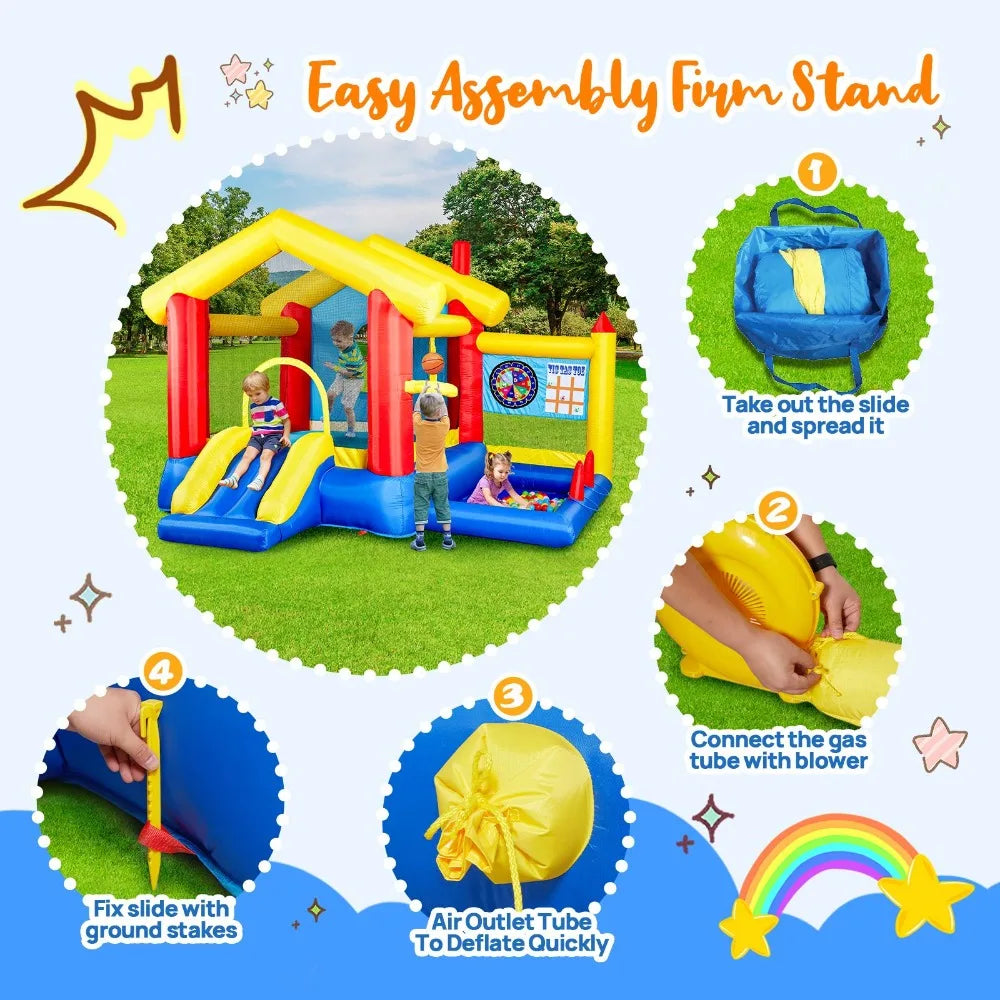 8 in 1 Inflatable Bounce House with Blower Basketball Hoop Ocean Balls Ring-toss Game