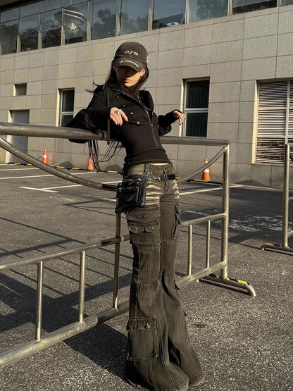 Black Low Waist Cargo Jeans Multi-pocket Stretch Bootcut Pants Women