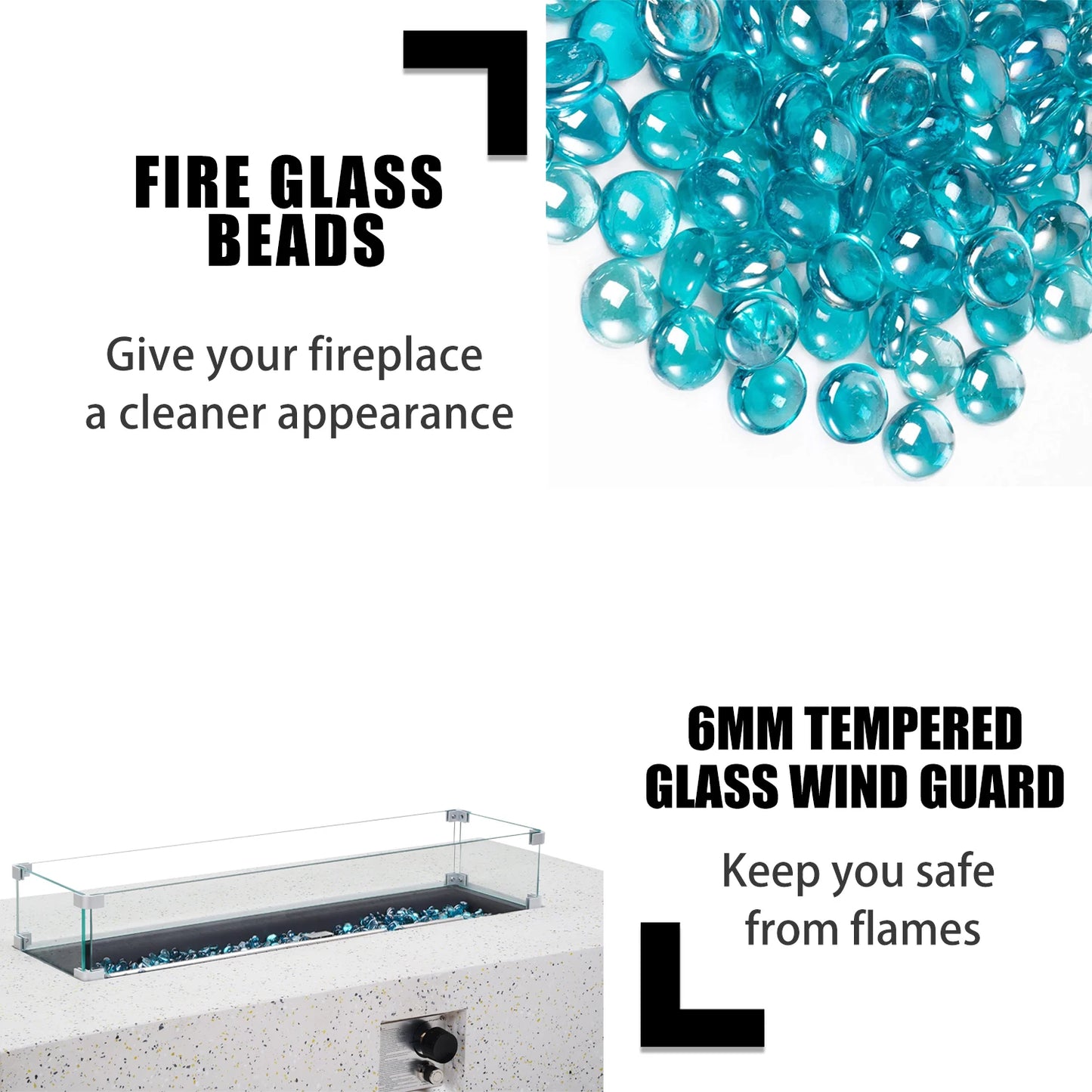 3-Piece Outdoor Propane Fire Table Set, 56-inch x 28-inch Gray (50,000 BTU'S, Wind Glass