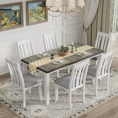7-Piece Kitchen Dining Table Set for 6, Wood Kitchen Table and 6 Upholstered Chairs with Backrest