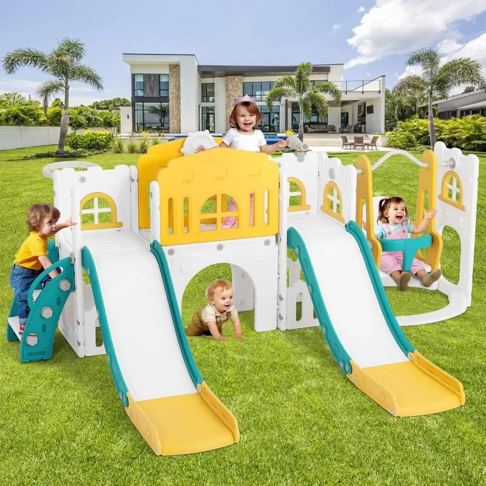 10 in 1 Toddler Slide, Double Climber Slide Playset w/Swing, Basketball Hoop, Indoor Outdoor Backyard Playground for Toddlers