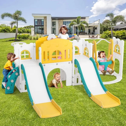 10 in 1 Toddler Slide, Double Climber Slide Playset w/Swing, Basketball Hoop, Indoor Outdoor Backyard Playground for Toddlers