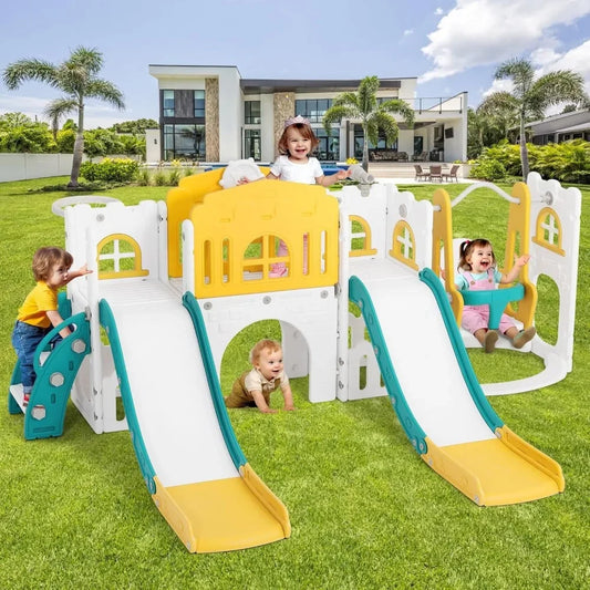 10 in 1 Toddler Slide, Double Climber Slide Playset w/Swing, Basketball Hoop, Indoor Outdoor Backyard Playground for Toddlers