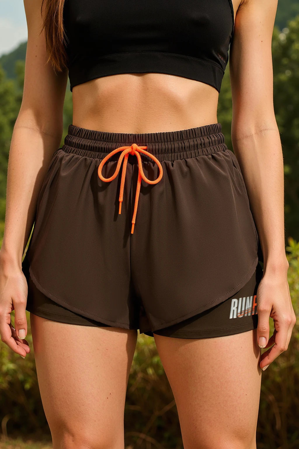 Mermaid Curve Breathable Letter Graphic 2 In 1 Sport Shorts Women Quick Dry Running Shorts Drawstring Waistband Fitness