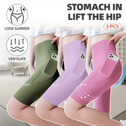 3PC Set Sports Wear Pockets High Waist Lady Yoga Pants Athletic