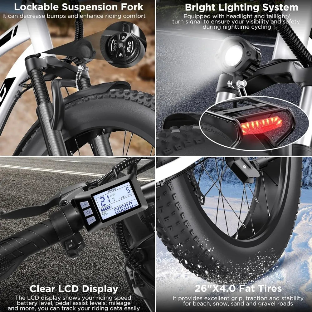 Electric Bike, 1000W Peak E bike, , 26" Fat Tire Electric Bicycle with 48V 13AH Battery, 7 Speed