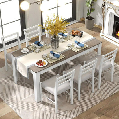 7-Piece Kitchen Dining Table Set for 6, Wood Kitchen Table and 6 Upholstered Chairs with Backrest