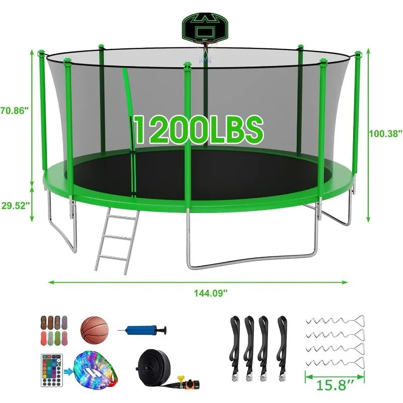 Tranpoline 1500LBS 16 15 14 12 10 8 FT Tranpoline for 7-10 Kids and Adults, Windproof Outdoor Tranpoline with Enclosure Net,