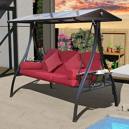 Outdoor Porch Swing with Polycarbonate Hardtop, 3 Seat Patio Swing with Convertible Backrest, 2 Side Cup Holder, Thickened Cush
