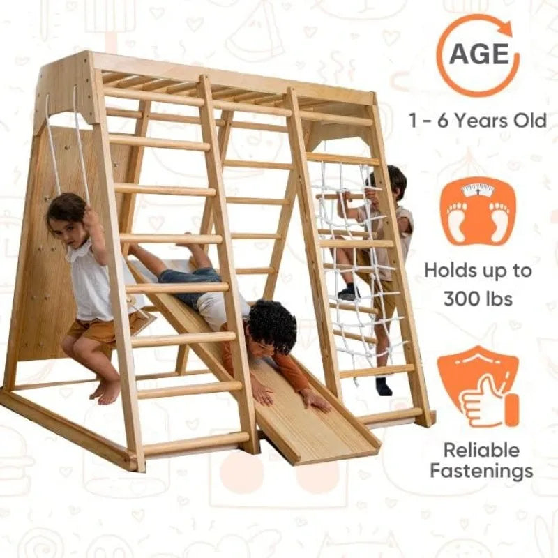 Indoor Playground 7-in-1 Jungle Gym Playset for Kids 2-6yrs - Slide, Climbing Wall, Rope Wall Climber