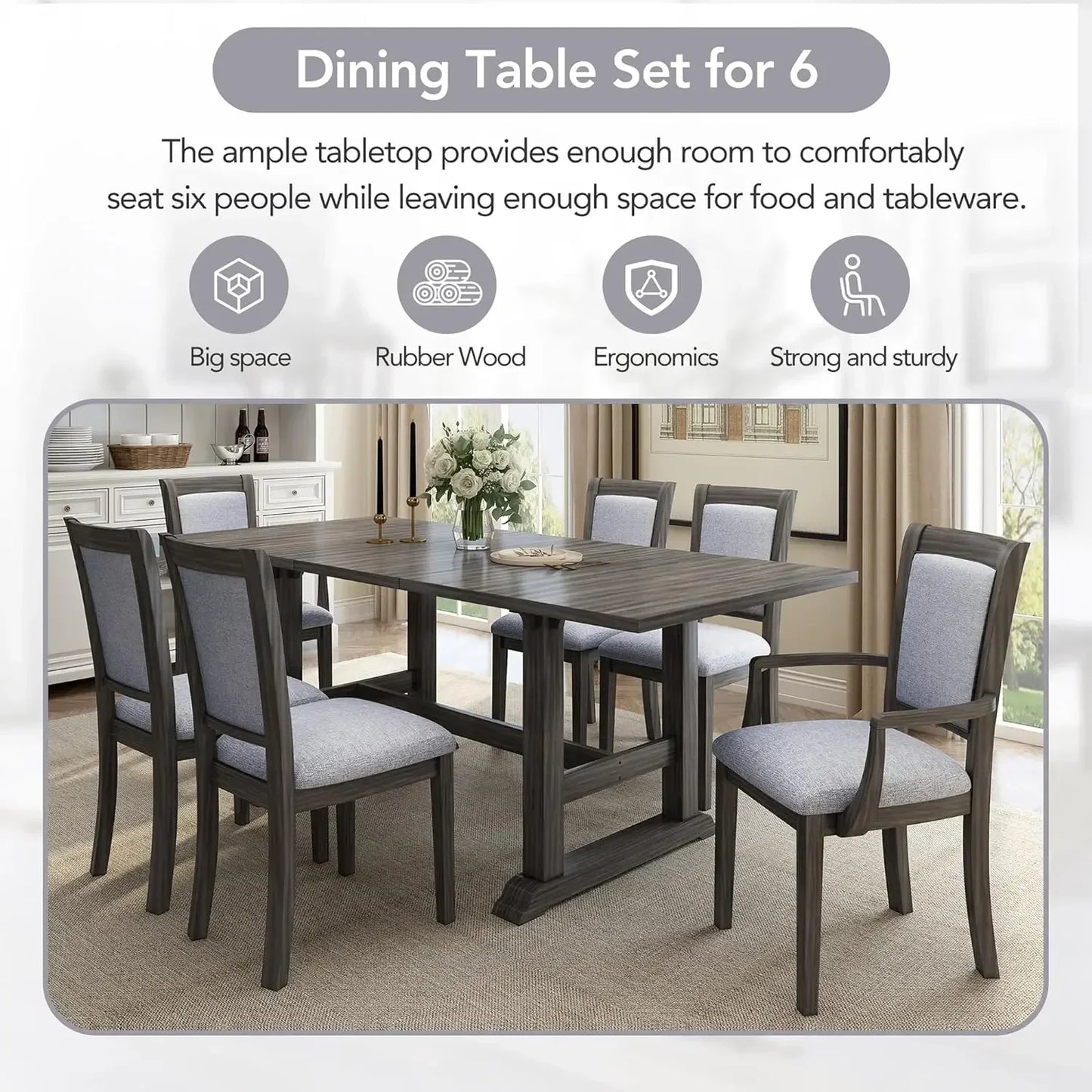 7-Piece Kitchen Dining Table Set for 6, Wood Kitchen Table and 6 Upholstered Chairs with Backrest