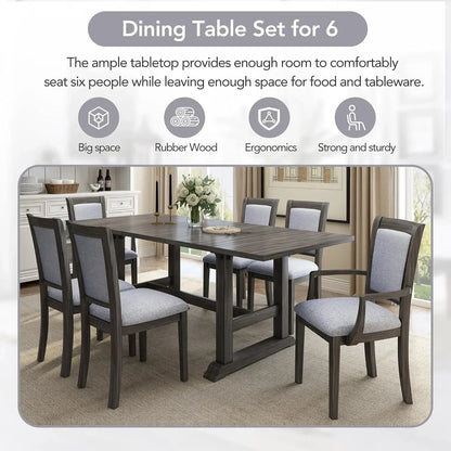 7-Piece Kitchen Dining Table Set for 6, Wood Kitchen Table and 6 Upholstered Chairs with Backrest