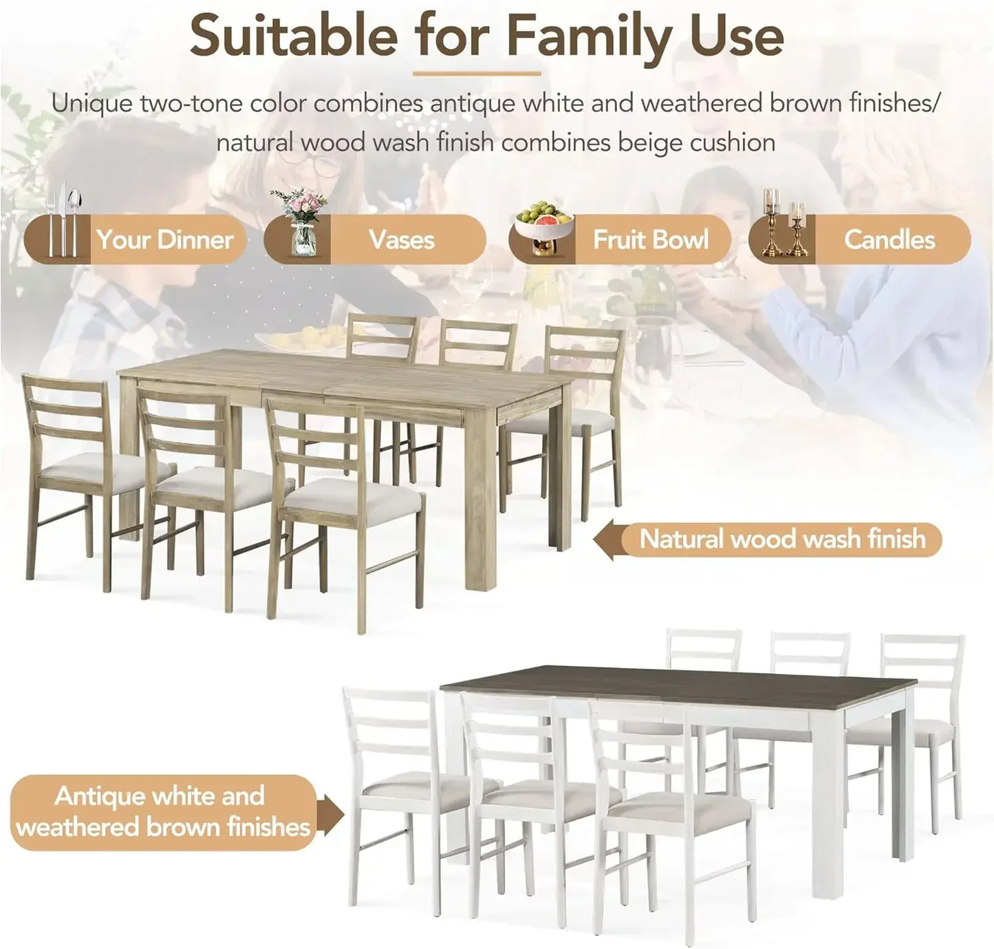 7-Piece Kitchen Dining Table Set for 6, Wood Kitchen Table and 6 Upholstered Chairs with Backrest