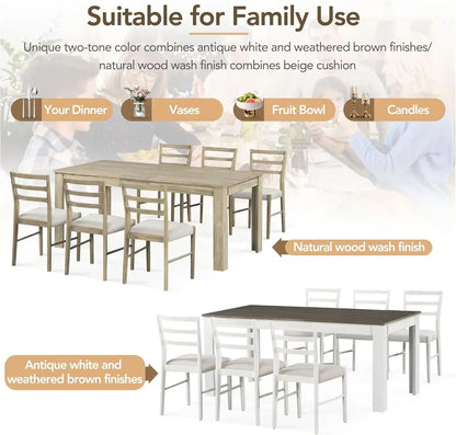 7-Piece Kitchen Dining Table Set for 6, Wood Kitchen Table and 6 Upholstered Chairs with Backrest