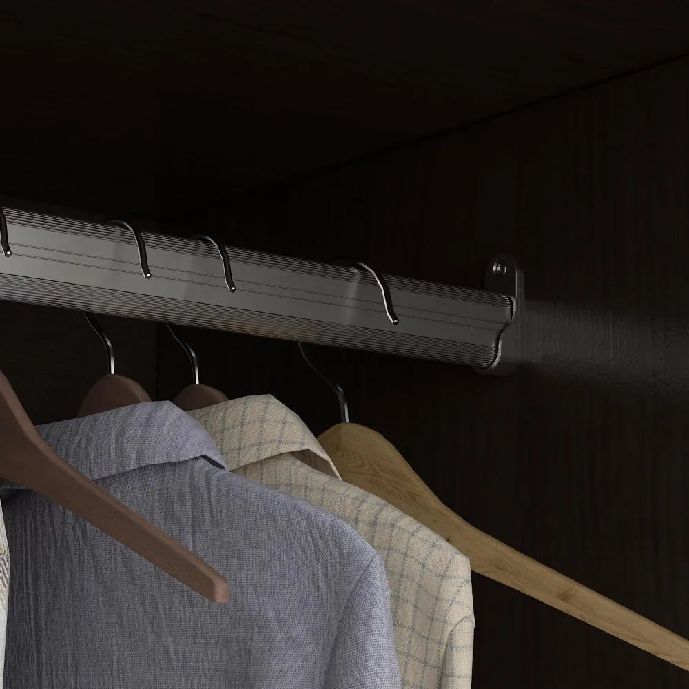 Wooden wardrobe with mirror, 5 shelves, 2 drawers, 2 hangers, and 4 doors,  and storage cabinet in bedroom