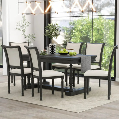 7-Piece Kitchen Dining Table Set for 6, Wood Kitchen Table and 6 Upholstered Chairs with Backrest