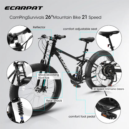 26 inch Mountain Bike,  21 Speeds, Drivetrain with Disc-Brake , 26*4" Fat tire Bike for Men or Women.
